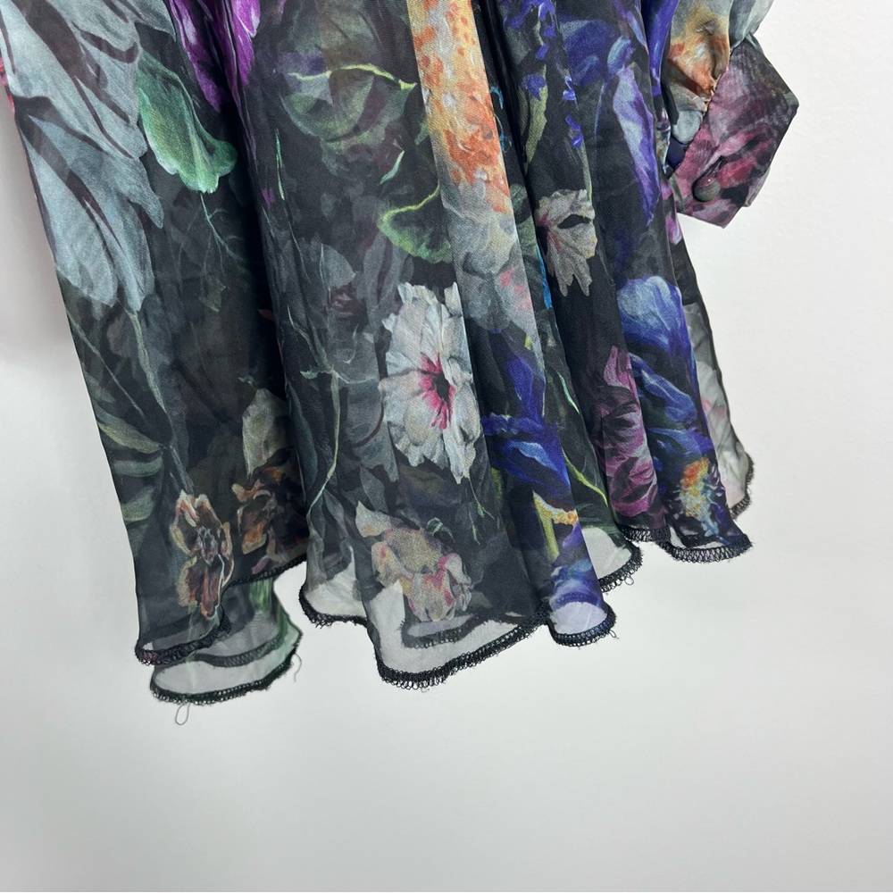 Marchesa Notte Metallic Sheer Multicolor Floral
Pleated Gown Size 12 Moody Black - Picture 12 of 13